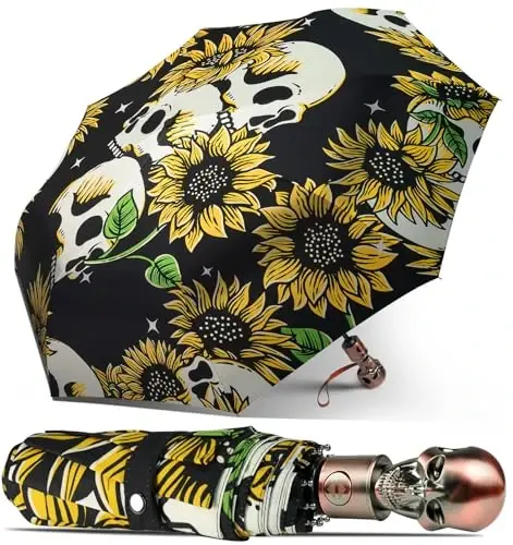 Lejorain Mens Black Skull Umbrella - Avtomatik hashamatli sayohat shamoldan himoyalangan soyabon Kompakt - Kattalar uchun portativ kuchli yengil vaznli yomg'ir soyaboni - 3
