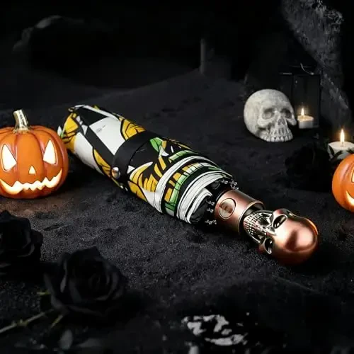 Lejorain Mens Black Skull Umbrella - Avtomatik hashamatli sayohat shamoldan himoyalangan soyabon Kompakt - Kattalar uchun portativ kuchli yengil vaznli yomg'ir soyaboni 