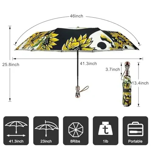 Lejorain Mens Black Skull Umbrella - Avtomatik hashamatli sayohat shamoldan himoyalangan soyabon Kompakt - Kattalar uchun portativ kuchli yengil vaznli yomg'ir soyaboni - 2