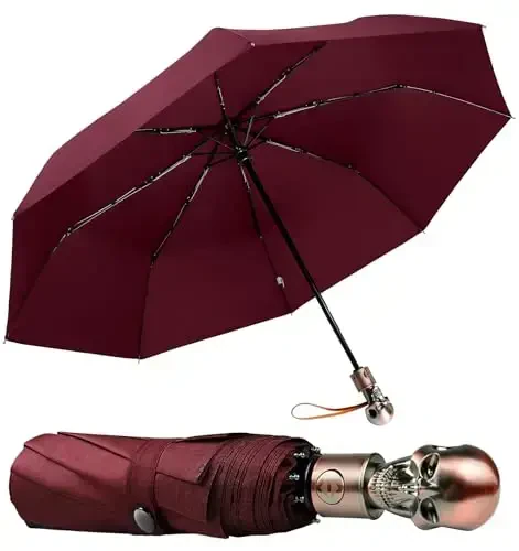 Lejorain Mens Black Skull Umbrella - Automatic Luxury Travel Windproof Umbrella Compact - Portable Strong Lightweight Rain Umbrella for Adults - 2