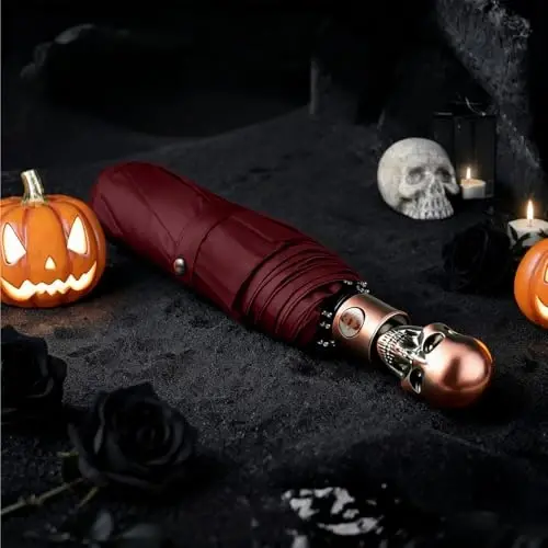 Lejorain Mens Black Skull Umbrella - Automatic Luxury Travel Windproof Umbrella Compact - Portable Strong Lightweight Rain Umbrella for Adults 