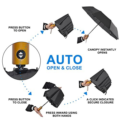 Lejorain Складной зонт для путешествий с защитой от ветра - 10 спиц Автоматический складной ветрозащитный черный зонт - Компактный зонт от дождя для рюкзака - 3