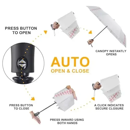 Lejorain White Baseball Umbrella Compact - Portable Windproof Travel Folding Sports Umbrella Auto Open Baseball - 3