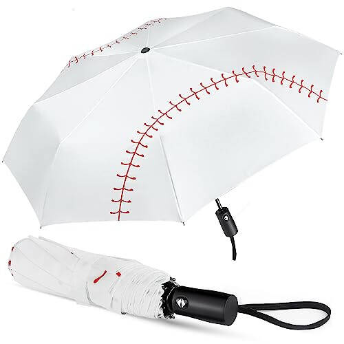 Lejorain White Baseball Umbrella Compact - Portable Windproof Travel Folding Sports Umbrella Auto Open Baseball Themed Gifts - 1