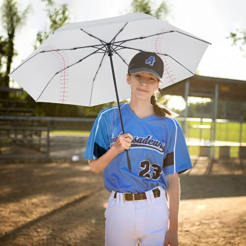 Lejorain White Baseball Umbrella Compact - Portable Windproof Travel Folding Sports Umbrella Auto Open Baseball Themed Gifts - 6