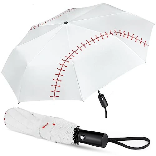 Lejorain White Baseball Umbrella Compact - Portable Windproof Travel Folding Sports Umbrella Auto Open Baseball Themed Gifts 