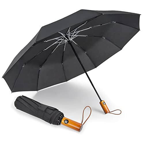 Lejorain Windproof Travel Folding Umbrella - 10 Ribs Automatic Collapsible Wind Resistant Black Umbrellas - Compact Rain Umbrella for Backpack - 1