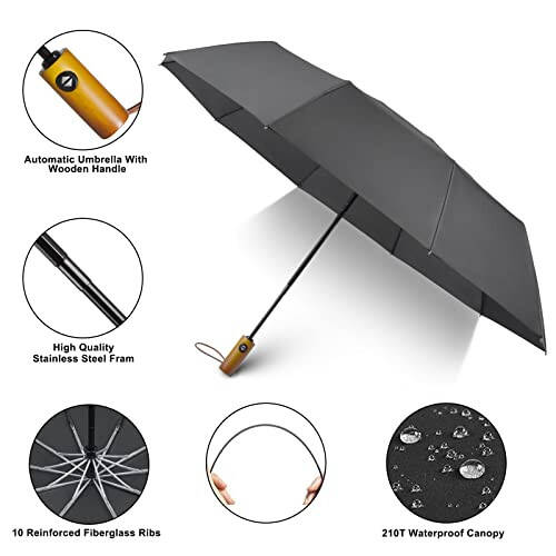 Lejorain Windproof Travel Folding Umbrella - 10 Ribs Automatic Collapsible Wind Resistant Black Umbrellas - Compact Rain Umbrella for Backpack - 4