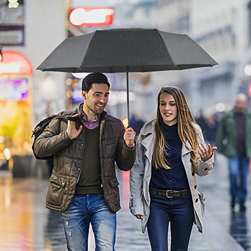 Lejorain Windproof Travel Folding Umbrella - 10 Ribs Automatic Collapsible Wind Resistant Black Umbrellas - Compact Rain Umbrella for Backpack - 6