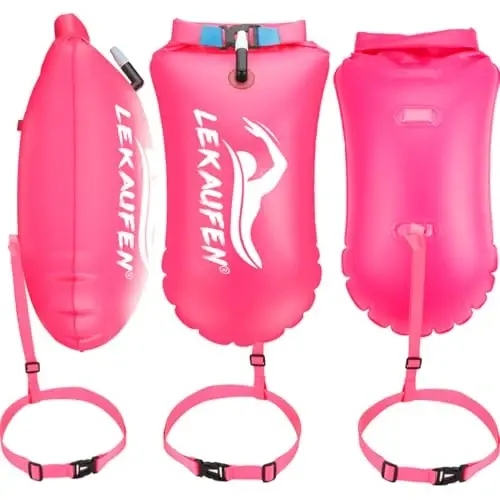 LeKaufen Swim Buoy for Open Water, 20L Inflatable Swim Safety Float | Adjustable Waist Belt & High Visibility Waterproof Dry Bag for Swimmers Triathletes Kayakers Snorkeler & Safer Swim Training - 4