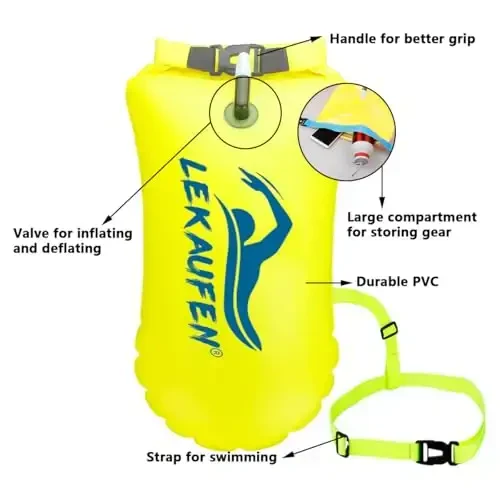 LeKaufen Swim Buoy for Open Water, 20L Swim Safety Float Waterproof Dry Bag for Swimmers Triathletes Kayakers Snorkelers, Swimming Pull Buoy for Safer Swim Training (Light Yellow) - 5