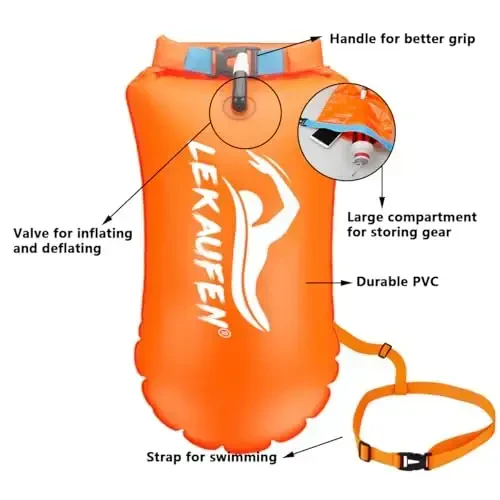 LeKaufen Swim Buoy ochiq suv uchun 2 to'plam, 20L suzish xavfsizligi uchun suv o'tkazmaydigan quruq sumka suzuvchilar triatletlar kayakçılar snorkelçılar uchun, xavfsizroq suzish mashqlari uchun suzish tortish moslamasi (to'q sariq va pushti) - 6