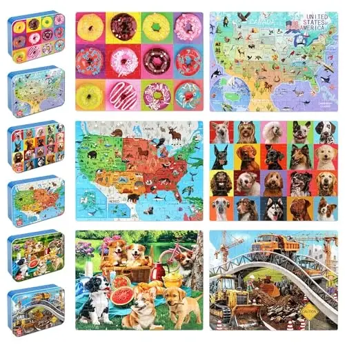 LELEMON Puzzles for Kids Ages 4-6,6 Pack 100 Piece Puzzles for Kids Ages 4-8 in a Metal Box,Educational Jigsaw Puzzles Puzzle Games Puzzle Toys for Girls and Boys - 1