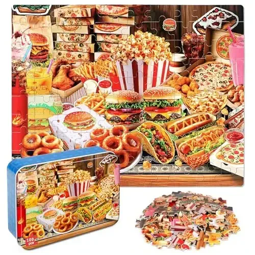 LELEMON Puzzles for Kids Ages 4-6,Hamburger Foods 100 Piece Puzzles for Kids Ages 4-8 in a Metal Box, Educational Jigsaw Puzzles 100 Piece Puzzle Games Puzzle Toys for Girls and Boys - 1