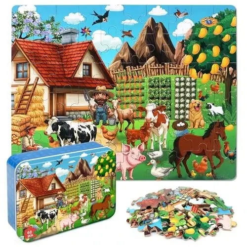 LELEMON Puzzles for Kids Ages 4-6, Farm 60 Piece Puzzles for Kids in a Metal Box, Educational Jigsaw Puzzles Childrens Puzzle Games Puzzle Toys for Girls and Boys 