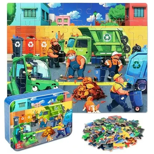 LELEMON Ocean Puzzles for Kids Ages 4-6,Recycling Garbage Truck 60 Piece Puzzles for Kids Ages 4-8,Children Jigsaw Puzzles in a Metal Box,Educational Learning Puzzle Toys for Girls and Boys - 1