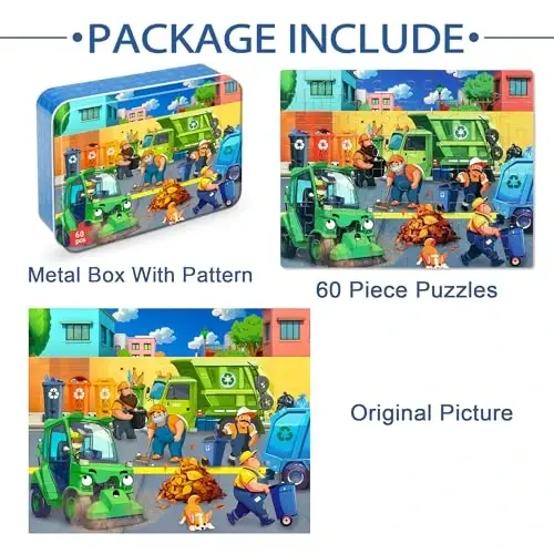 LELEMON Ocean Puzzles for Kids Ages 4-6,Recycling Garbage Truck 60 Piece Puzzles for Kids Ages 4-8,Children Jigsaw Puzzles in a Metal Box,Educational Learning Puzzle Toys for Girls and Boys - 6