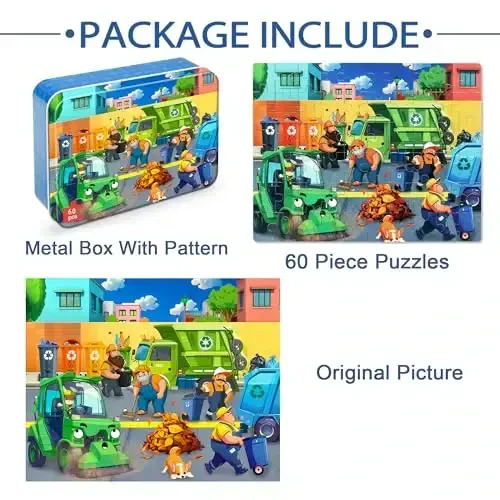 LELEMON Ocean Puzzles for Kids Ages 4-6,Recycling Garbage Truck 60 Piece Puzzles for Kids Ages 4-8,Children Jigsaw Puzzles in a Metal Box,Educational Learning Puzzle Toys for Girls and Boys - 6
