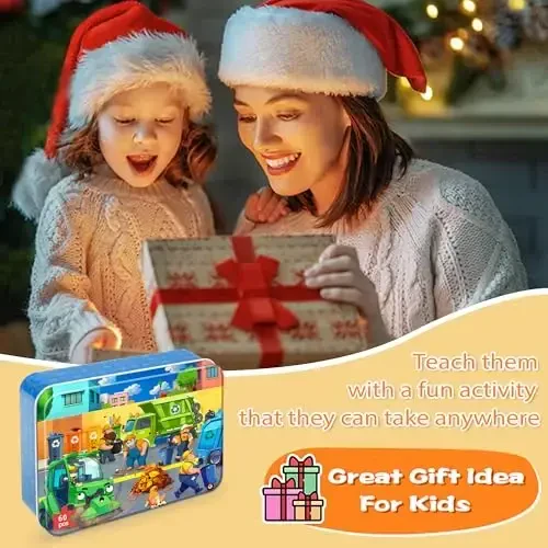 LELEMON Ocean Puzzles for Kids Ages 4-6,Recycling Garbage Truck 60 Piece Puzzles for Kids Ages 4-8,Children Jigsaw Puzzles in a Metal Box,Educational Learning Puzzle Toys for Girls and Boys - 7