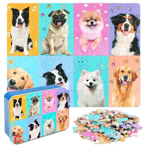 LELEMON Puzzles for Kids Ages 4-6,Dog 60 Piece Puzzles for Kids Ages 4-8,Children Jigsaw Puzzles Kids Puzzles in a Metal Box,Educational Learning Puzzle Toys for Girls and Boys - LELEMON