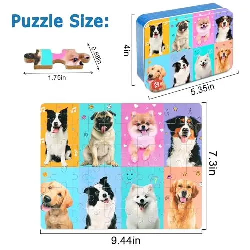 LELEMON Puzzles for Kids Ages 4-6,Dog 60 Piece Puzzles for Kids Ages 4-8,Children Jigsaw Puzzles Kids Puzzles in a Metal Box,Educational Learning Puzzle Toys for Girls and Boys - 2
