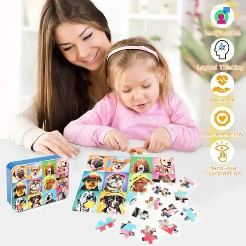 LELEMON Puzzles for Kids Ages 4-6,Dog 60 Piece Puzzles for Kids Ages 4-8 | Children Jigsaw Puzzles Kids Puzzles in a Metal Box,Educational Learning Puzzle Toys for Girls and Boys - 3