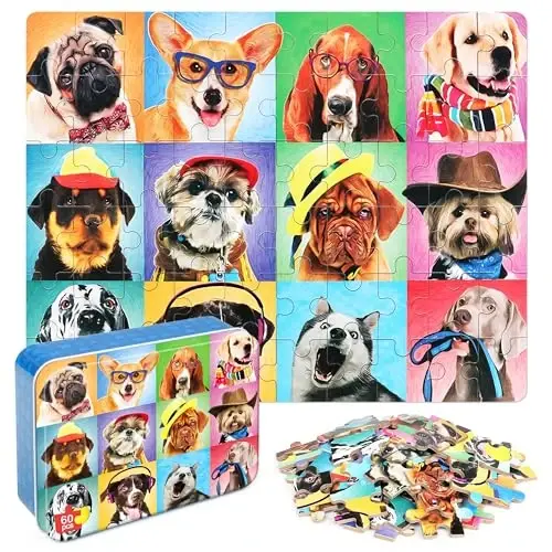 LELEMON Puzzles for Kids Ages 4-6,Dog 60 Piece Puzzles for Kids Ages 4-8,Children Jigsaw Puzzles Kids Puzzles in a Metal Box,Educational Learning Puzzle Toys for Girls and Boys - 1