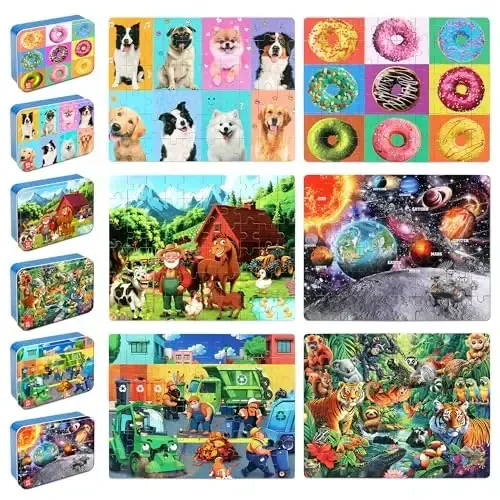LELEMON Puzzles for Kids Ages 4-6,6 Pack 60 Piece Puzzles for Kids Ages 4-8 in a Metal Box,Educational Jigsaw Puzzles Puzzle Games Puzzle Toys for Girls and Boys - 1