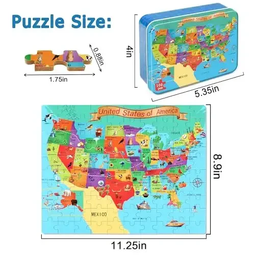 LELEMON Puzzles for Kids Ages 4-6,USA Map 100 Piece Puzzles for Kids Ages 4-8 in a Metal Box,Educational Jigsaw Puzzles 100 Piece Puzzle Games Puzzle Toys for Girls and Boys - 2