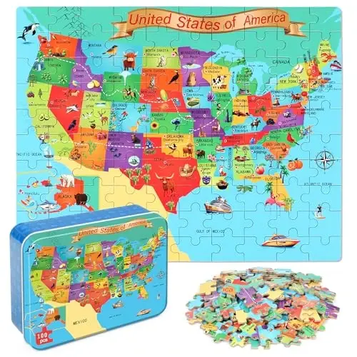LELEMON Puzzles for Kids Ages 4-6,USA Map 100 Piece Puzzles for Kids Ages 4-8 in a Metal Box,Educational Jigsaw Puzzles 100 Piece Puzzle Games Puzzle Toys for Girls and Boys - 1