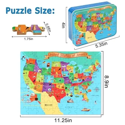LELEMON Puzzles for Kids Ages 4-6,USA Map 100 Piece Puzzles for Kids Ages 4-8 in a Metal Box,Educational Jigsaw Puzzles 100 Piece Puzzle Games Puzzle Toys for Girls and Boys - LELEMON (1)