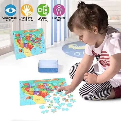 LELEMON Puzzles for Kids Ages 4-6,USA Map 100 Piece Puzzles for Kids Ages 4-8 in a Metal Box,Educational Jigsaw Puzzles 100 Piece Puzzle Games Puzzle Toys for Girls and Boys - 3