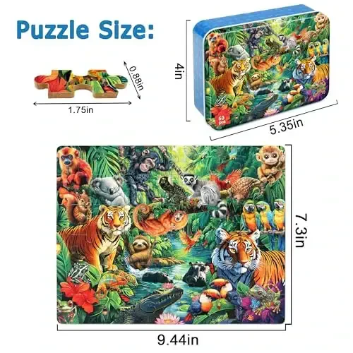 LELEMON Puzzles for Kids Ages 4-6, Jungle Puzzle 60 Piece Puzzles for Kids in a Metal Box, Educational Kids Puzzles Jigsaw Puzzles Childrens Puzzle Games Puzzle Toys for Girls and Boys - LELEMON (1)