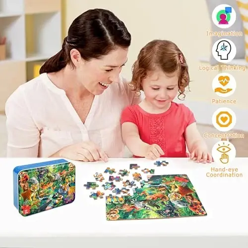 LELEMON Puzzles for Kids Ages 4-6, Jungle Puzzle 60 Piece Puzzles for Kids in a Metal Box, Educational Kids Puzzles Jigsaw Puzzles Childrens Puzzle Games Puzzle Toys for Girls and Boys - 3