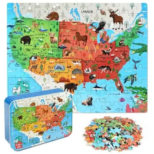 LELEMON Puzzles for Kids Ages 4-6,Animal Map 100 Piece Puzzles for Kids Ages 4-8 in a Metal Box, Educational Jigsaw Puzzles 100 Piece Puzzle Games Puzzle Toys for Girls and Boys 