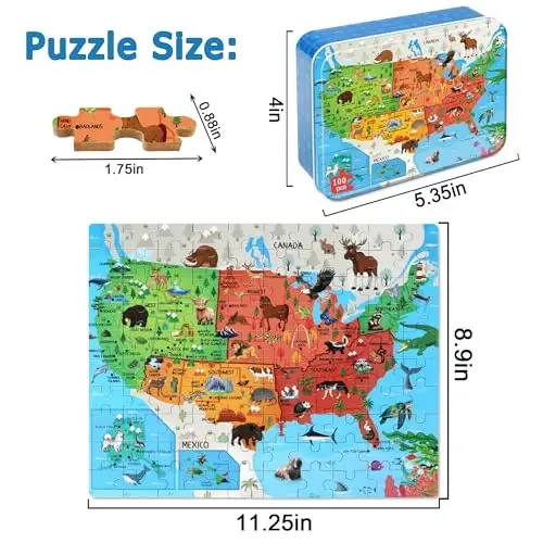 LELEMON Puzzles for Kids Ages 4-6,Animal Map 100 Piece Puzzles for Kids Ages 4-8 in a Metal Box, Educational Jigsaw Puzzles 100 Piece Puzzle Games Puzzle Toys for Girls and Boys - LELEMON (1)