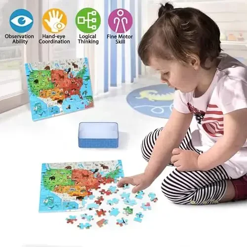 LELEMON Puzzles for Kids Ages 4-6,Animal Map 100 Piece Puzzles for Kids Ages 4-8 in a Metal Box, Educational Jigsaw Puzzles 100 Piece Puzzle Games Puzzle Toys for Girls and Boys - 3