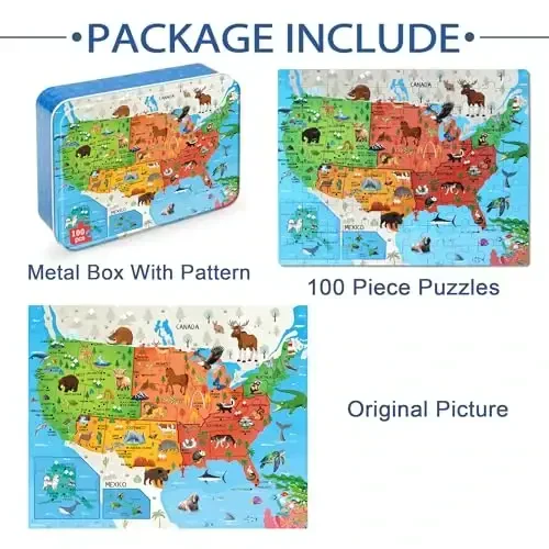 LELEMON Puzzles for Kids Ages 4-6,Animal Map 100 Piece Puzzles for Kids Ages 4-8 in a Metal Box, Educational Jigsaw Puzzles 100 Piece Puzzle Games Puzzle Toys for Girls and Boys - 6