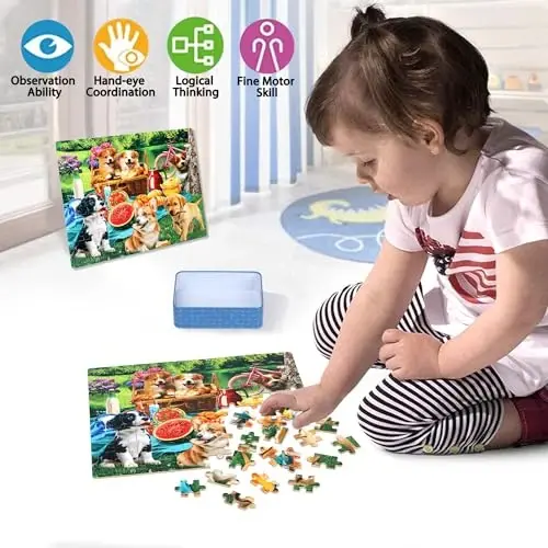 LELEMON Puzzles for Kids Ages 4-6,Dogs 100 Piece Puzzles for Kids Ages 4-8 in a Metal Box,Educational Jigsaw Puzzles 100 Piece Puzzle Games Puzzle Toys for Girls and Boys - 3