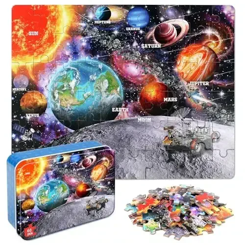LELEMON Puzzles for Kids Ages 4-6, Space 60 Piece Puzzles for Kids Ages 3-5 in a Metal Box, Educational Jigsaw Puzzles Childrens Puzzle Games Puzzle Toys for Girls and Boys - LELEMON