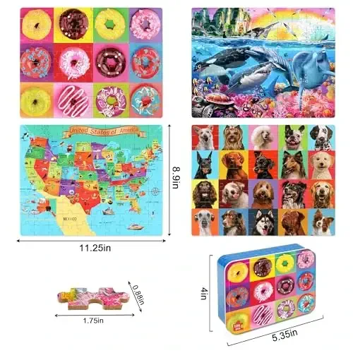LELEMON Puzzles for Kids Ages 4-6,4-Pack 100 Piece Puzzles for Kids Ages 4-8 in a Metal Box,Dogs Donut USA Map Underwater World Educational Jigsaw Puzzles Puzzle Games Puzzle Toys for Girls and Boys - LELEMON (1)