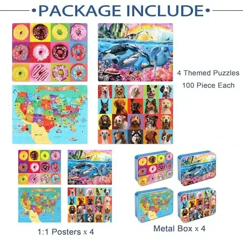 LELEMON Puzzles for Kids Ages 4-6,4-Pack 100 Piece Puzzles for Kids Ages 4-8 in a Metal Box,Dogs Donut USA Map Underwater World Educational Jigsaw Puzzles Puzzle Games Puzzle Toys for Girls and Boys - 7