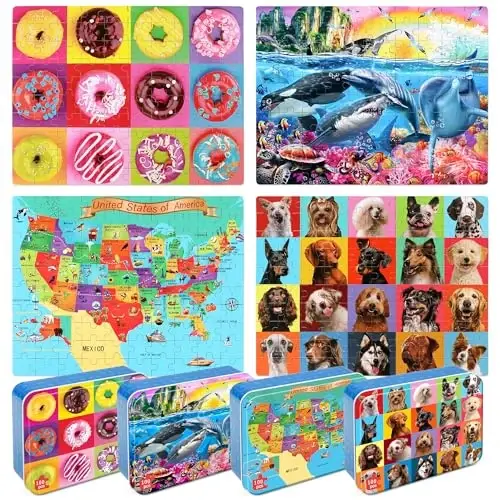 LELEMON Puzzles for Kids Ages 4-6,4-Pack 100 Piece Puzzles for Kids Ages 4-8 in a Metal Box,Dogs Donut USA Map Underwater World Educational Jigsaw Puzzles Puzzle Games Puzzle Toys for Girls and Boys 