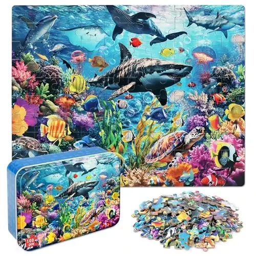 LELEMON Puzzles for Kids Ages 4-6,Underwater World 100 Piece Puzzles for Kids in a Metal Box, Educational Jigsaw Puzzles 100 Piece Puzzle Games Puzzle Toys for Girls and Boys 