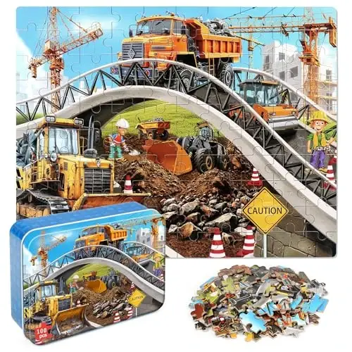 LELEMON Puzzles for Kids Ages 4-6,Construction Site 100 Piece Puzzles for Kids Ages 4-8 in a Metal Box,Educational Jigsaw Puzzles 100 Piece Puzzle Games Puzzle Toys for Girls and Boys - 1