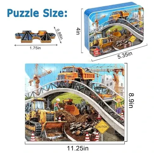 LELEMON Puzzles for Kids Ages 4-6,Construction Site 100 Piece Puzzles for Kids Ages 4-8 in a Metal Box,Educational Jigsaw Puzzles 100 Piece Puzzle Games Puzzle Toys for Girls and Boys - LELEMON (1)