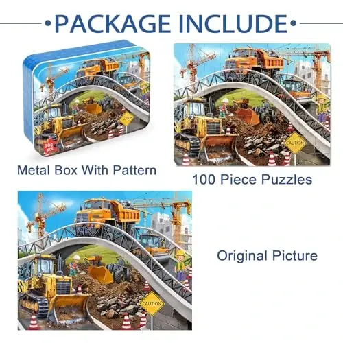 LELEMON Puzzles for Kids Ages 4-6,Construction Site 100 Piece Puzzles for Kids Ages 4-8 in a Metal Box,Educational Jigsaw Puzzles 100 Piece Puzzle Games Puzzle Toys for Girls and Boys - 6