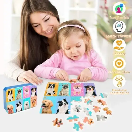 LELEMON 4-6 yoshdagi bolalar uchun boshqotirmalar, 4-8 yoshdagi bolalar uchun it 60 qismli boshqotirmalar, bolalar uchun metall qutidagi jigsaw boshqotirmalari, qizlar va o'g'il bolalar uchun o'quv o'yinchoqlari - 3