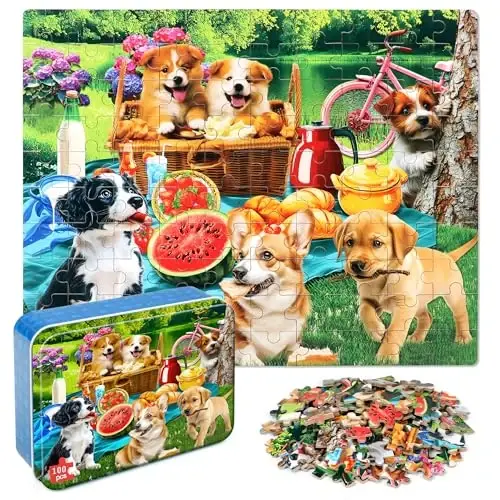 LELEMON Puzzles for Kids Ages 4-6,Dogs 100 Piece Puzzles for Kids Ages 4-8 in a Metal Box,Educational Jigsaw Puzzles 100 Piece Puzzle Games Puzzle Toys for Girls and Boys 
