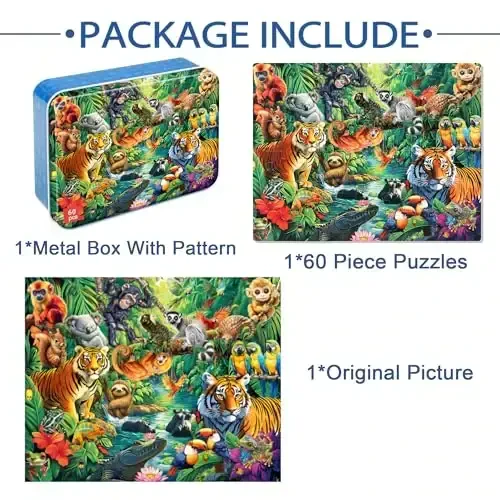 LELEMON 4-6 yoshdagi bolalar uchun jumboqlar, Jungle Puzzle 60 dona Bolalar uchun metall qutidagi jumboqlar, Bolalar uchun ta'limiy jumboqlar Boshqotirma o'yinlari Qizlar va o'g'il bolalar uchun jumboq o'yinchoqlar - 7